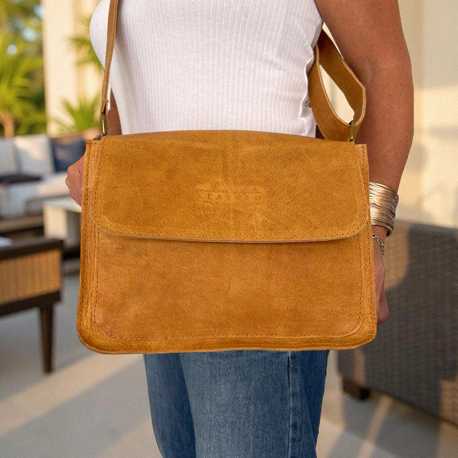 Urban Mustard colour leather Postman style organized handbag with compartments